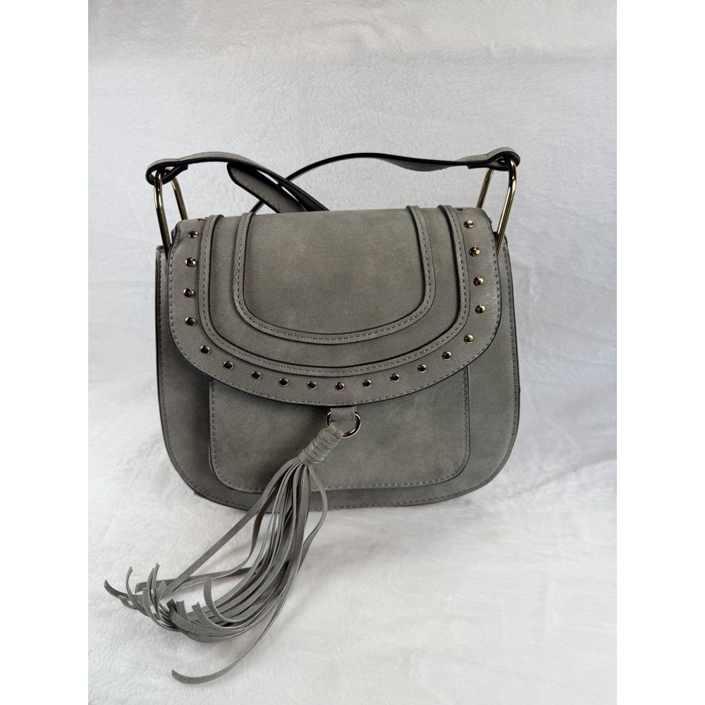 Franco Sarto Gray Vegan Leather Rex Saddle Bag Studded Tassel Crossbody Purse‎